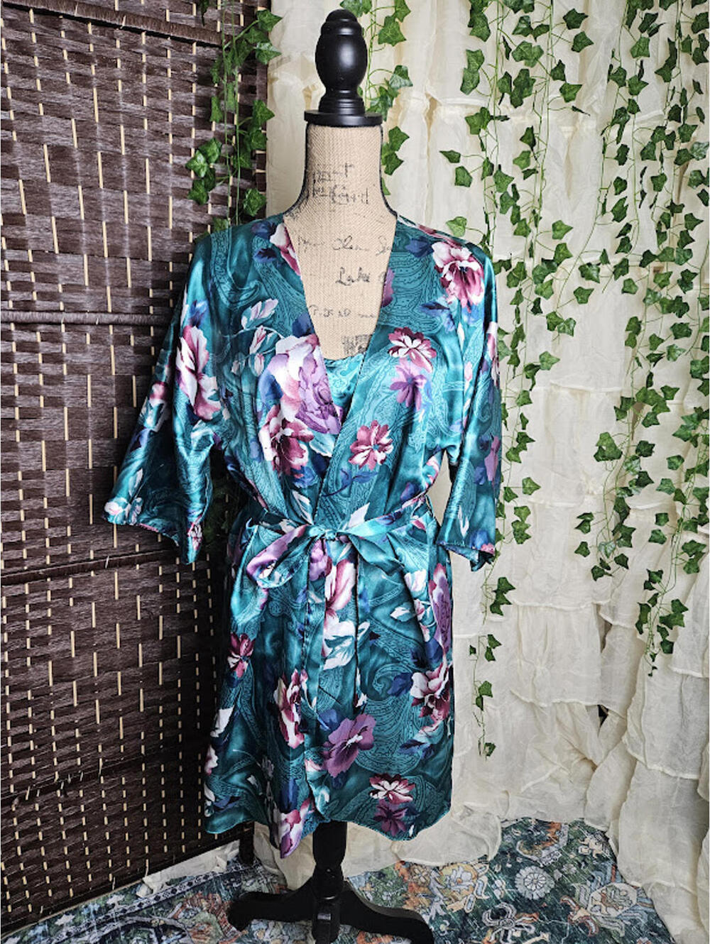 Vintage Satin Slip and Robe Set Teal Floral Lingerie Set